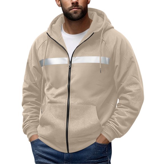 YUGYXL Mens Zip Up Fleece Lined Reflective Hoodies Sweatshirts Outdoor Workout Loose Pullover Tops with Pockets Beige Jacket