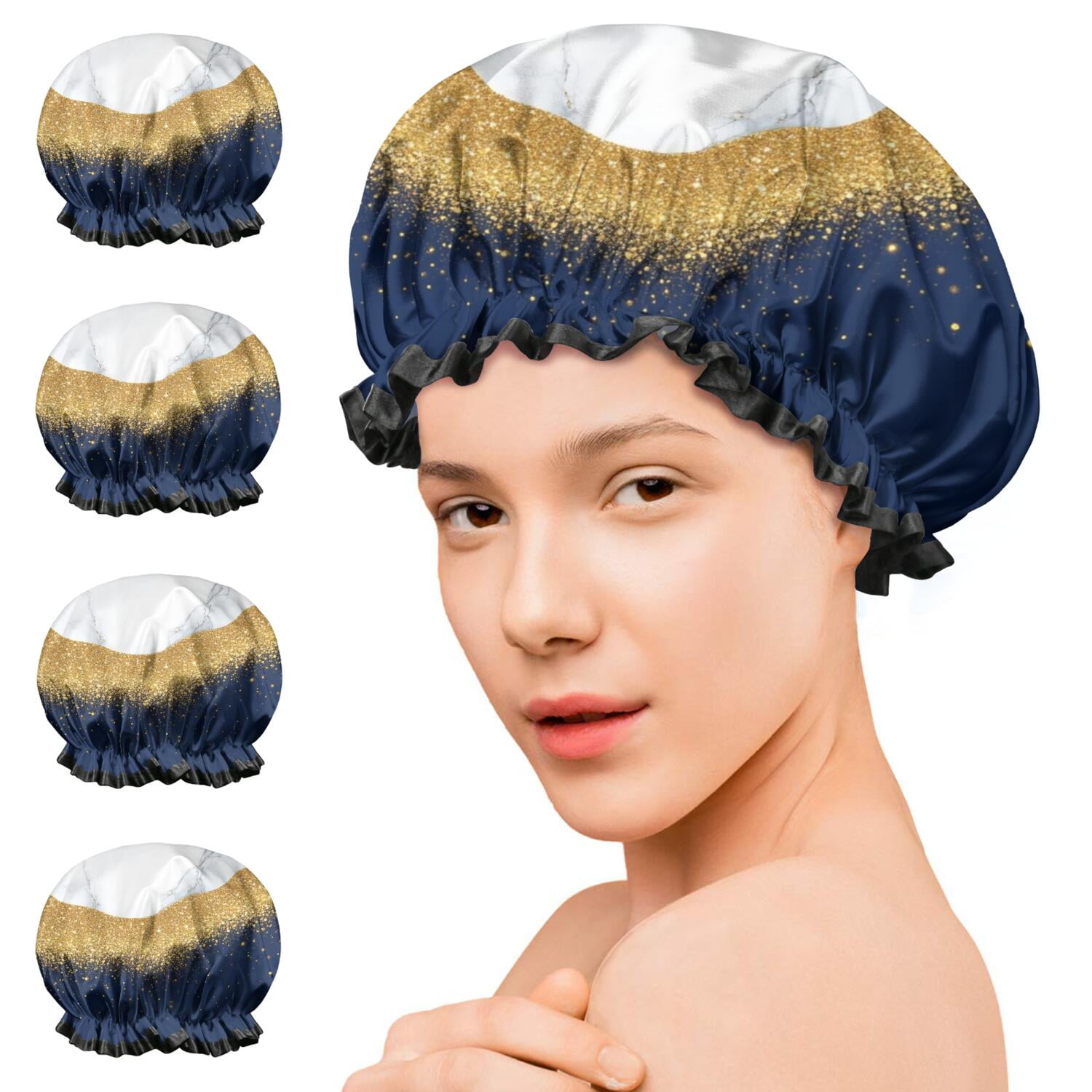 Shower Caps,Blue and Gold Marble Glitter Waves Pattern Waterproof Shower Cap for Women 4 Pieces,Double Reusable Hair Cover for Shower PEVA Elastic Stretch Hem