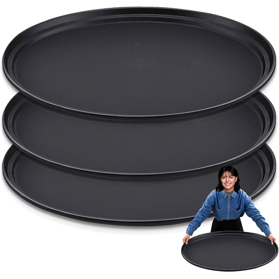 3 Pcs Large Restaurant Serving Trays 24" x 29" Oval Plastic Food Serving Tray Non Slip Rubber Lined Black Serving Tray for Cafeteria (3)$$Home Decor, Kitchen, & Other