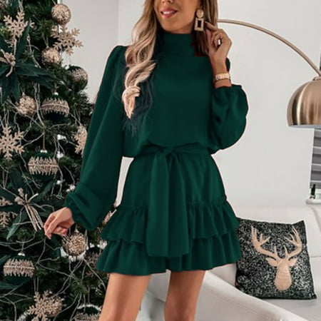 Aueoeo Long Dresses for Women Wedding Guest, Holiday Cocktail Dress Fashion Women Autumn Solid Causal Round Neck Long Sleeve Vacation Dress