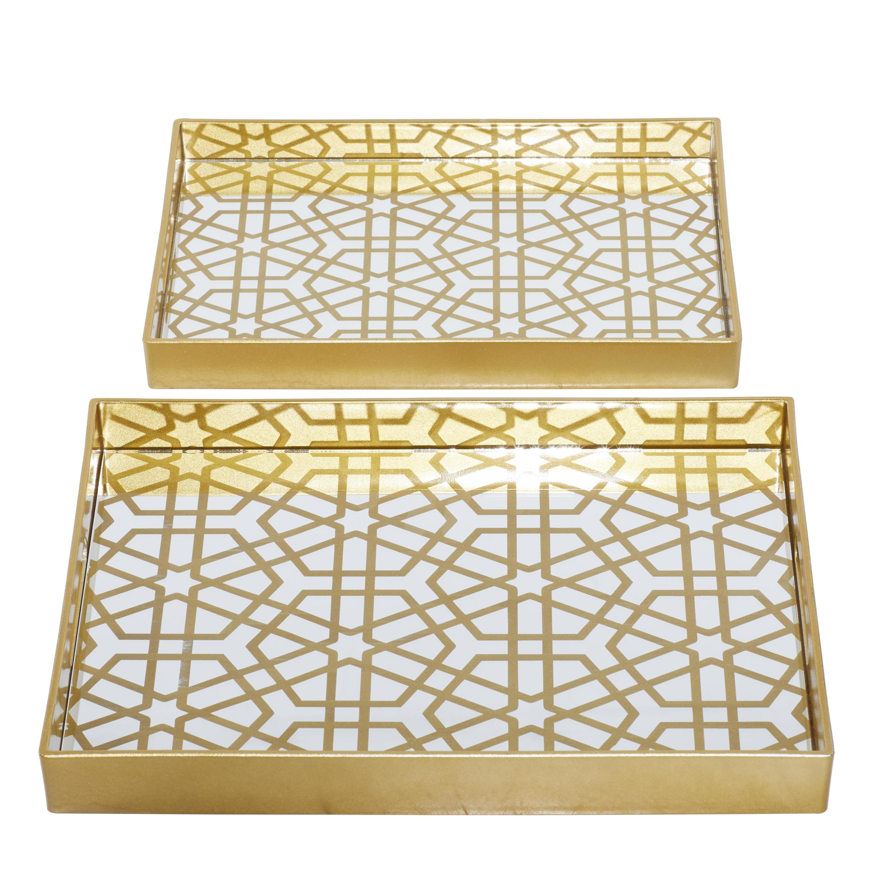 CosmoLiving by Cosmopolitan 14", 16"W Gold Plastic Mirrored Geometric Tray, 2-Pieces