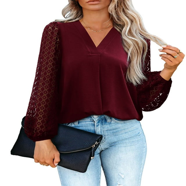 CHOK Blouses en Chiffon pour Femmes Col en V Lanterne Manches Longues Hauts Chemises Noir G