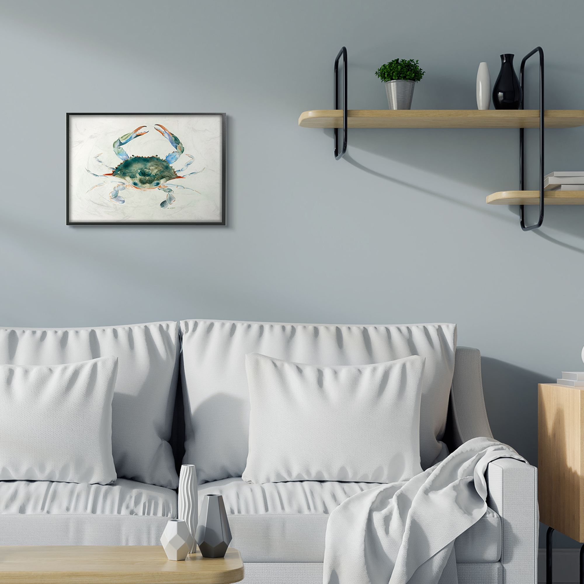 Stupell Industries Blue Sea Crab Over Beige Soft Watercolors Black Framed, 16 x 20, Design by Melissa Hyatt LLC