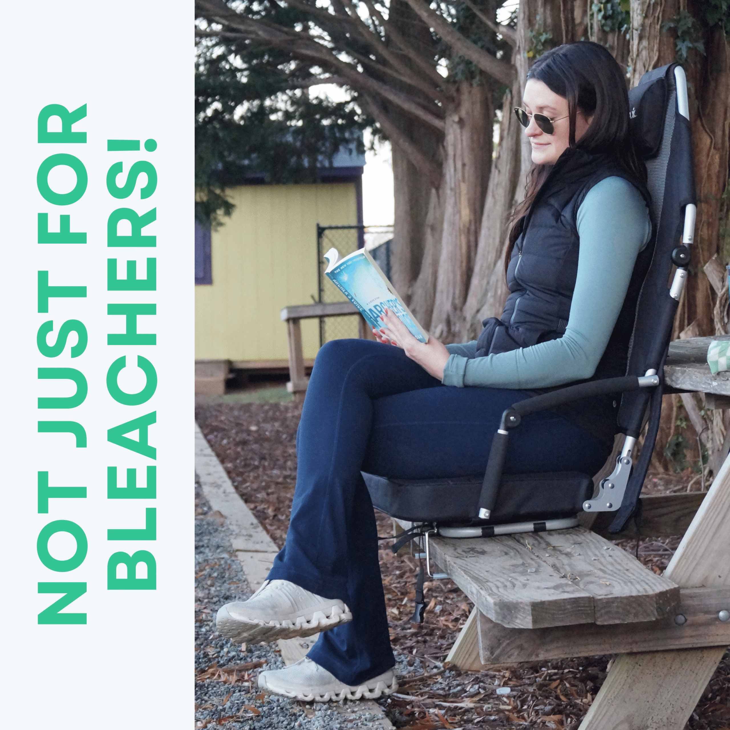 Padded Bleacher Seat-Reclining Stadium Chair with Back & Neck Support & Swivel- Patent Pending-Black