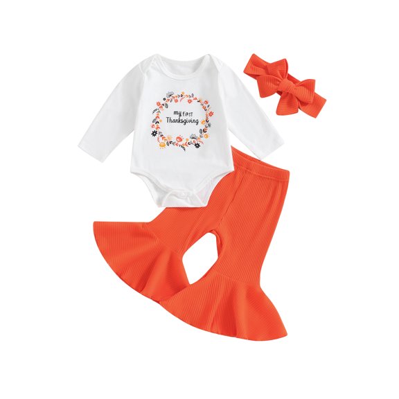 LMLYSoH Baby Girls 3PCS Pants Sets Long Sleeve Letter Wreath Print Romper Solid Color Flared Pants Headband Sets