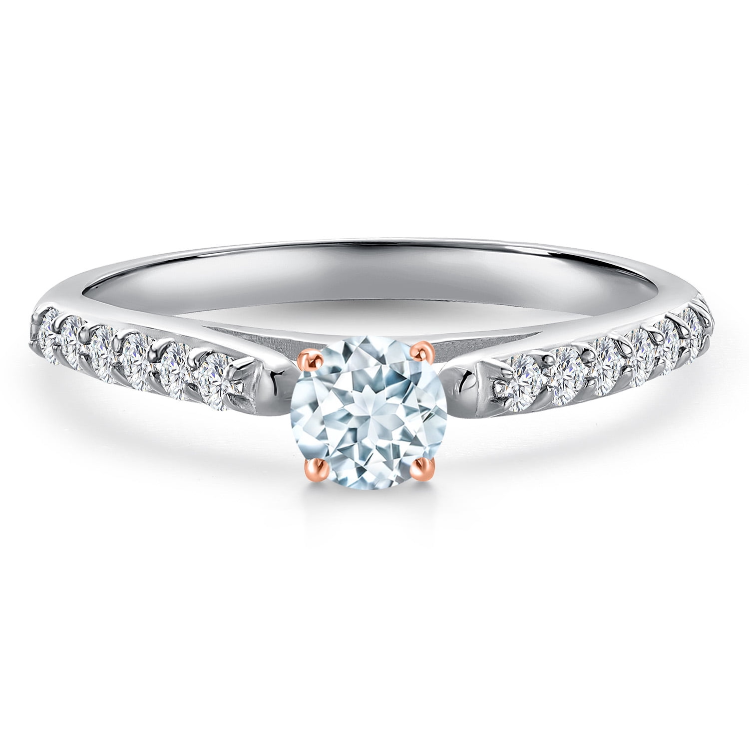 Gem Stone King 10K Two Tone Gold Sky Blue Aquamarine and Lab Grown Diamond Engagement Ring for Women | 0.43 Cttw | Round 4MM | Gemstone March Birthstone | Size 9