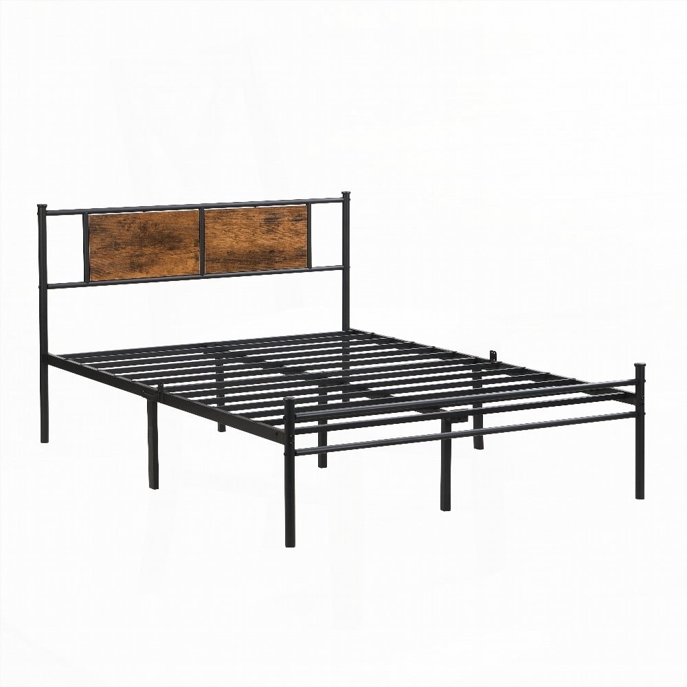 The black King Size metal bedframe with wood panel headboard provides under-bed storage and is easy to assemble. No box spring required.