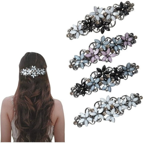 4Pcs Vintage Hair Barrettes,Happon Crystal French Barrette， Rhinestone Pearl Hair Clips,Flower Side Hair Clip for Women Girl，Fashion Ponytail Holders Barrettes for Daily Wear Mothers Day Gifts
