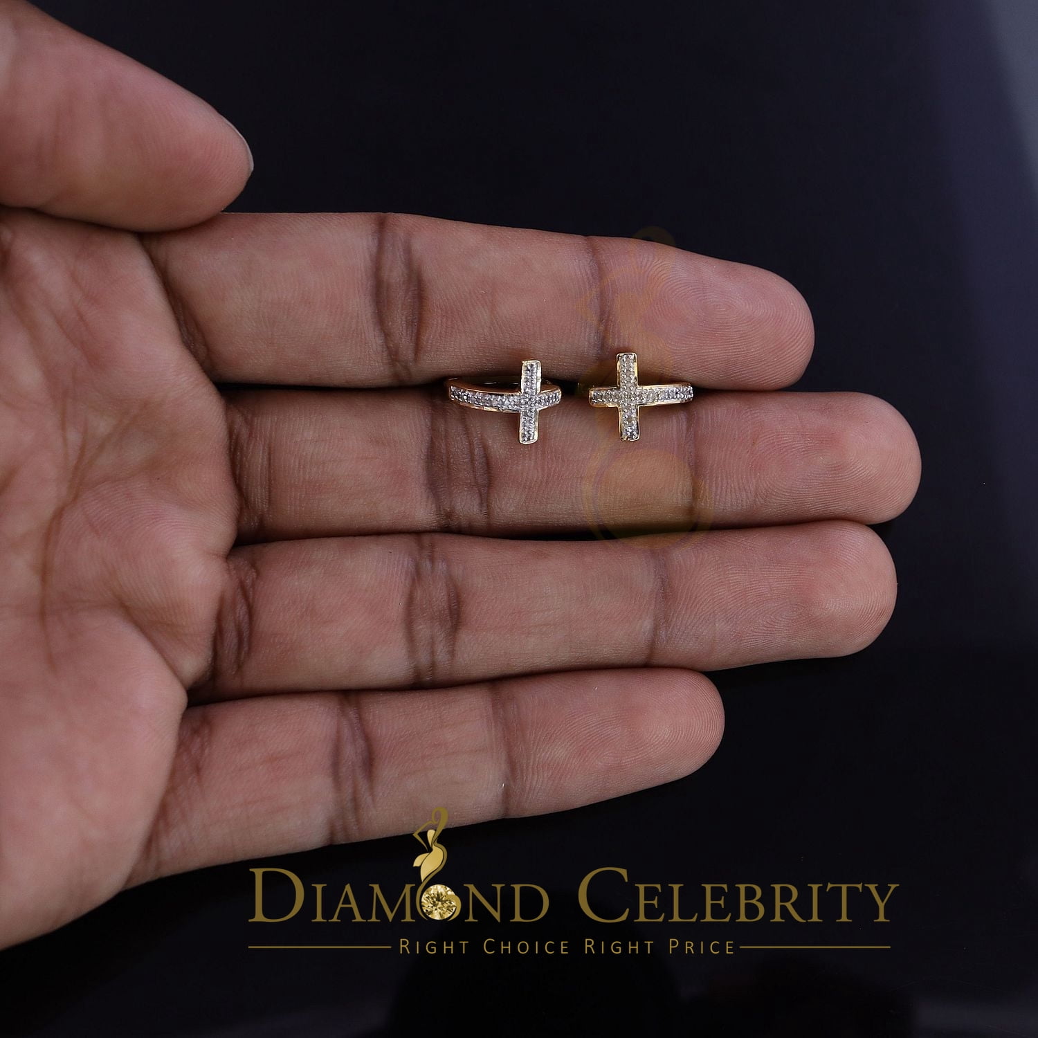 Diamond Celebrity's 0.15ct Diamond 925 Sterling Silver Yellow Hoop Stud cross Earring For Men /Women