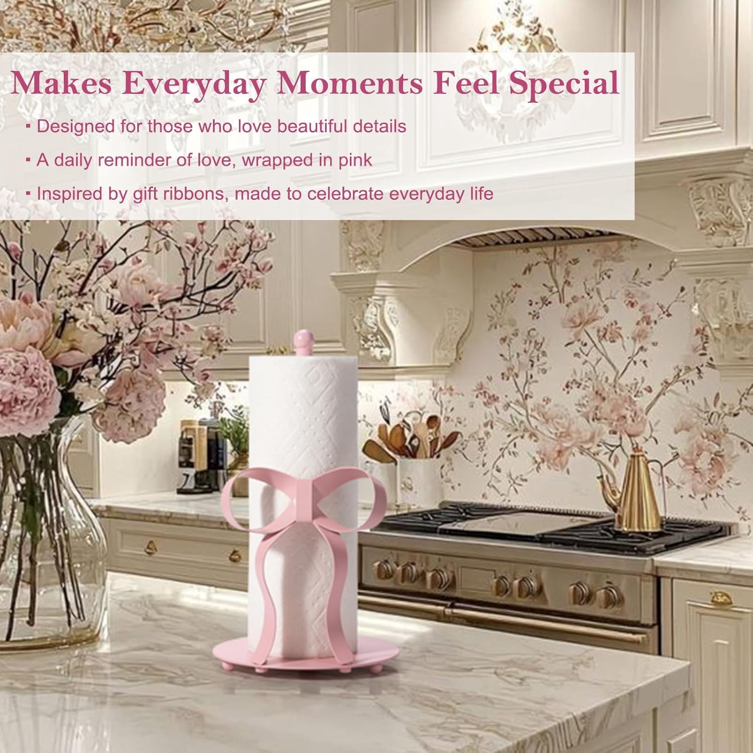 ThrottleT - Pink Bow Paper Towel Holder Coutertop - Bow Accent Paper Towel Holder, Pink Kitchen Decor and Accessories, Coquette Room Decor Girly Gifts for Women, 3D Handmade Pattern, Weighted Base