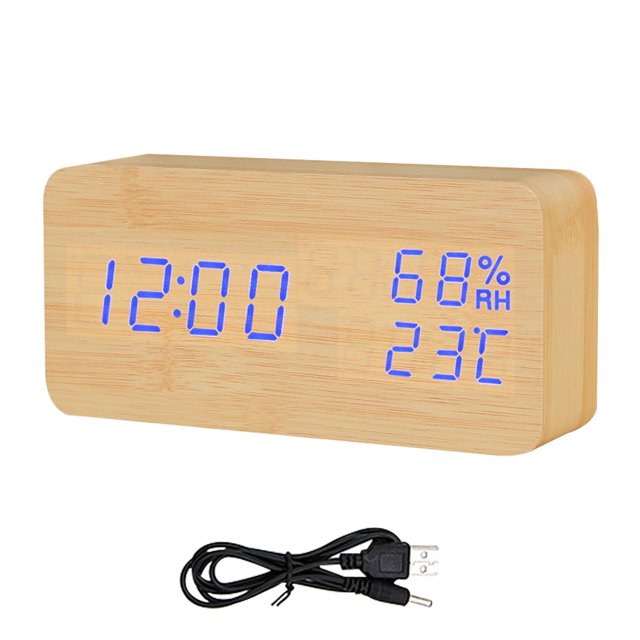 Reloj despertador LED Mesa de madera Humidómetro Termómetro Control de voz Temporizador de escritorio digital, Madera de bambú Luz azul Methold HA004025-01