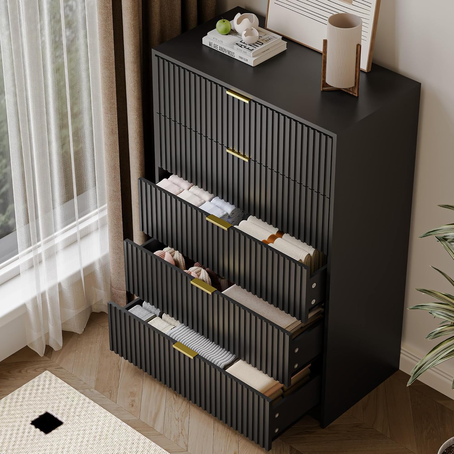FURNIWAY Black 5 Drawer Dresser, 32 Inch Wide Chest with Gold Handles for Bedroom Living Room Office