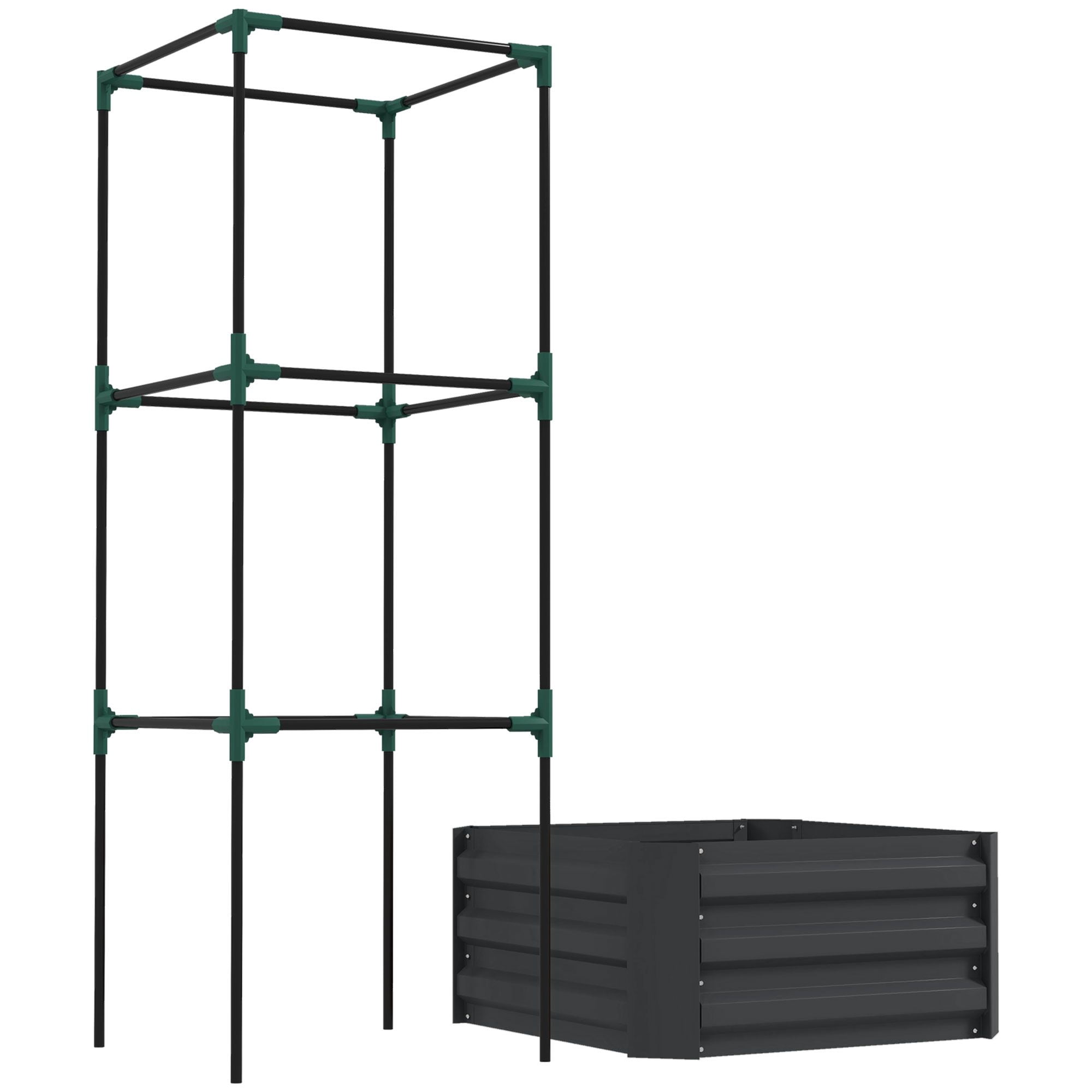 Outsunny Galvanized Steel Raised Garden Bed with Adjustable Tomato Cage Trellis, 24" x 24" x 55" Dark Gray Metal Planter for Vegetables and Climbing Vines, Outdoor Patio & Backyard