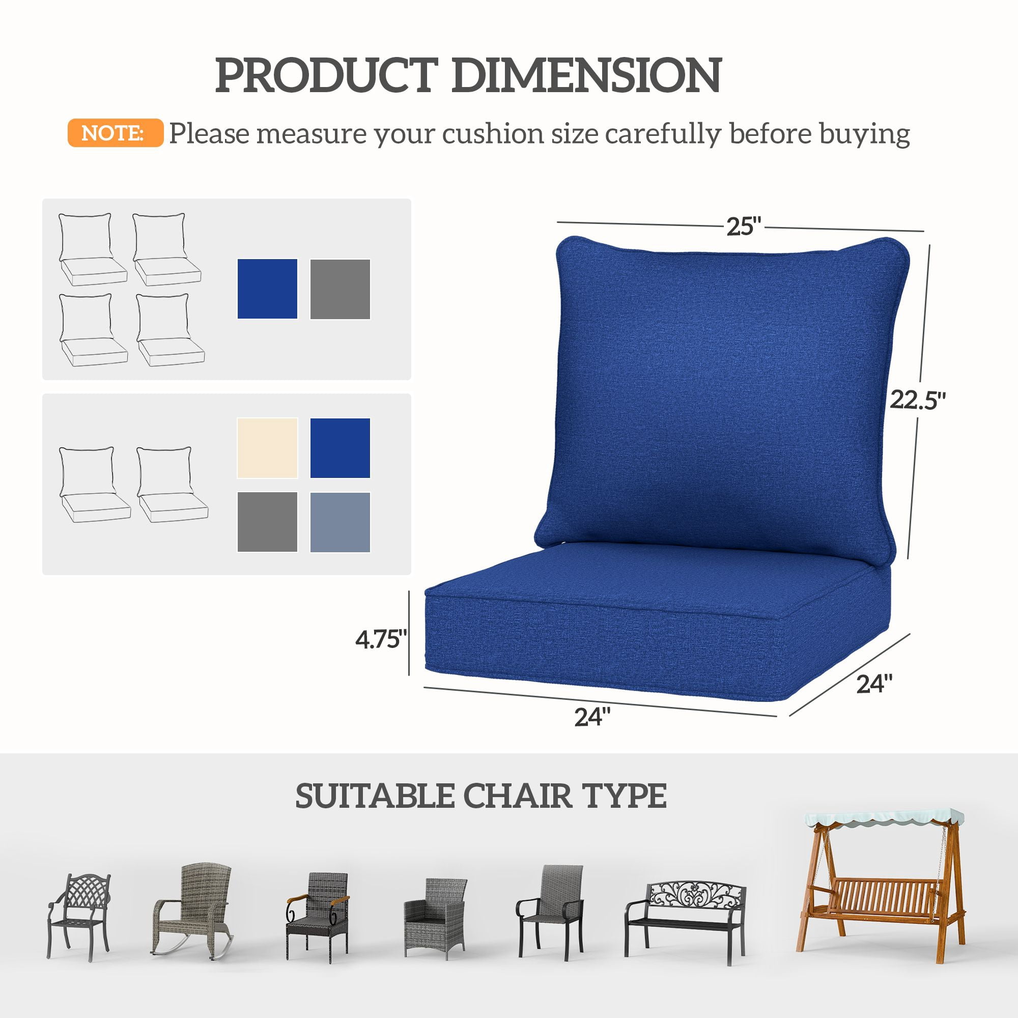 Patio Chair Cushions Set of 2, Outdoor Seat & Back Cushions, Fade Resistant, Water Repellent, Navy Blue, Garden Furniture Replacement