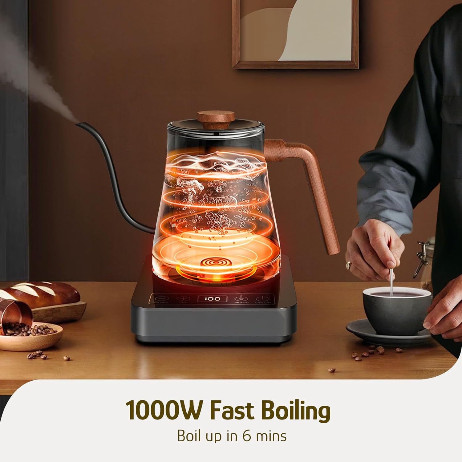 Gooseneck Electric Kettle - 0.8L Precise Temp Control, 4H Keep Warm, 1000W Fast Boil, 304 Stainless Steel Interior for Coffee & Tea Brewing - Black