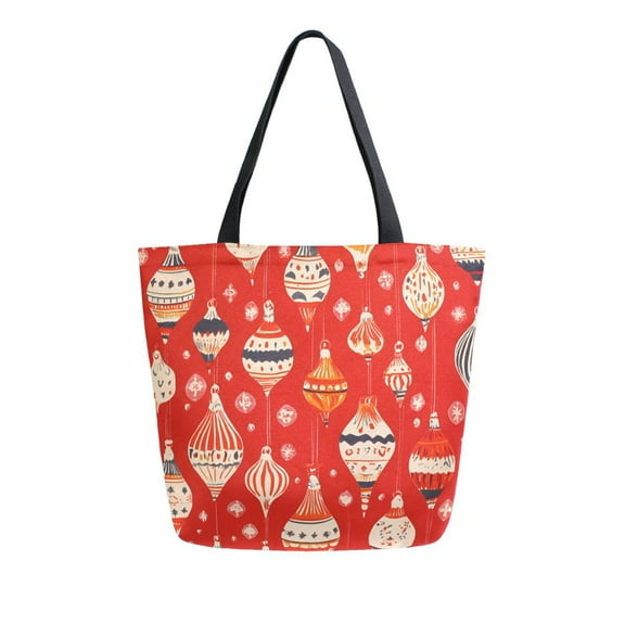 FORMRS Womens Canvas Tote Bag with Zipper Inner Pocket Shoulder Handbag, Red Christmas Ornaments Pattern
