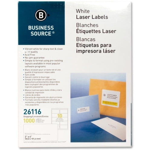 Business Source Bright White Premium-quality Shipping Labels Permanent Adhesive - 2' x 4' Length - Rectangle - Laser, Inkjet - White - 10 / Sheet - 100 Total Sheets - 1000 / Pack