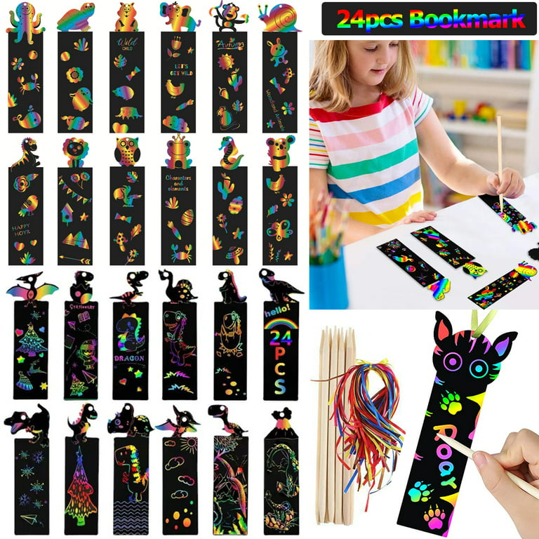 Scratch Paper Set for Kids, 50pcs Rainbow Scratch Art Papers and 24pcs Bookmarks Craft Set for Girls Boys Age 4-8, Magic Scratch Off Paper Craft Kits