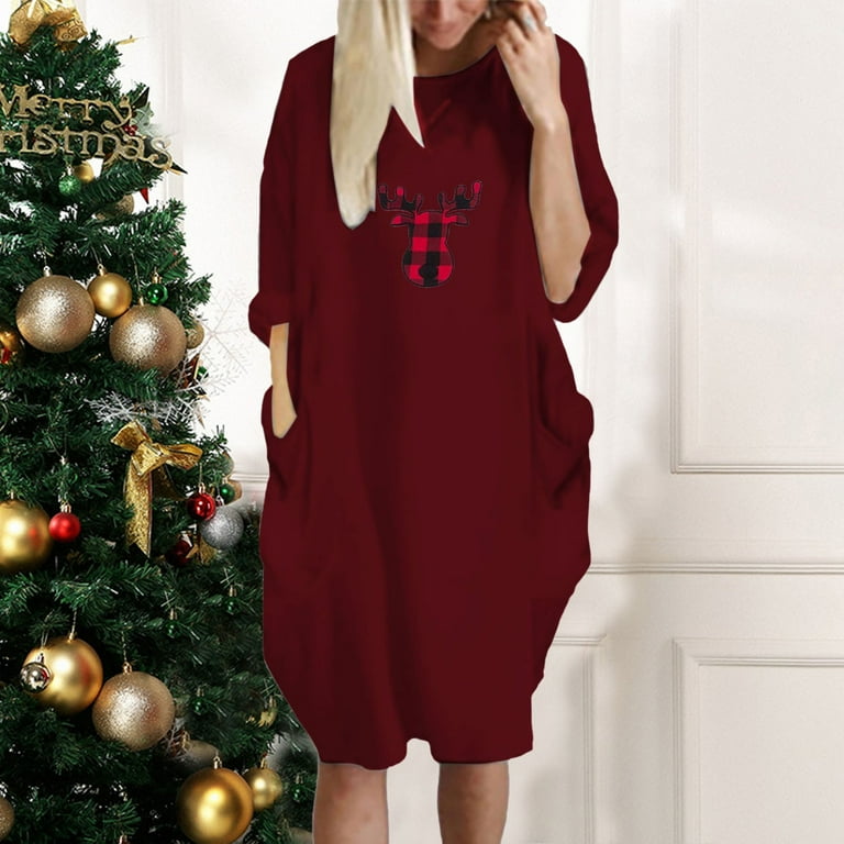 HSMQHJWE Plus Size Maternity Dresses Mother Of The Dresses Long Length Womens Christmas Print Long Sleeve Loose Pocket Party Tunic Soft Elastic Dress
