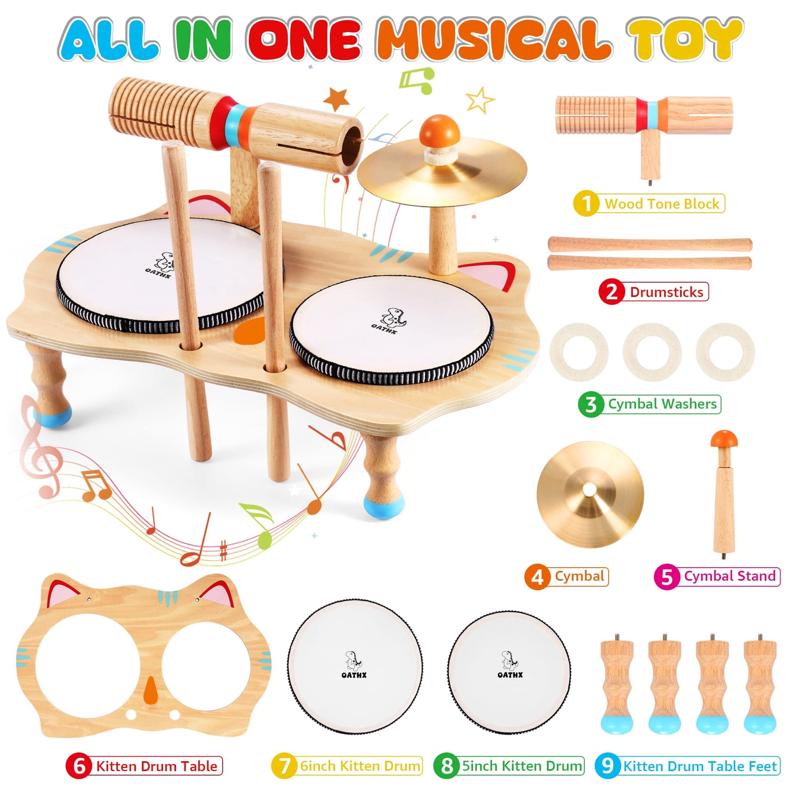 OATHX Toddler Educational Music Toys Kids Drum Set Wood Montessori Learn Baby Musical Instruments Birthday Gift