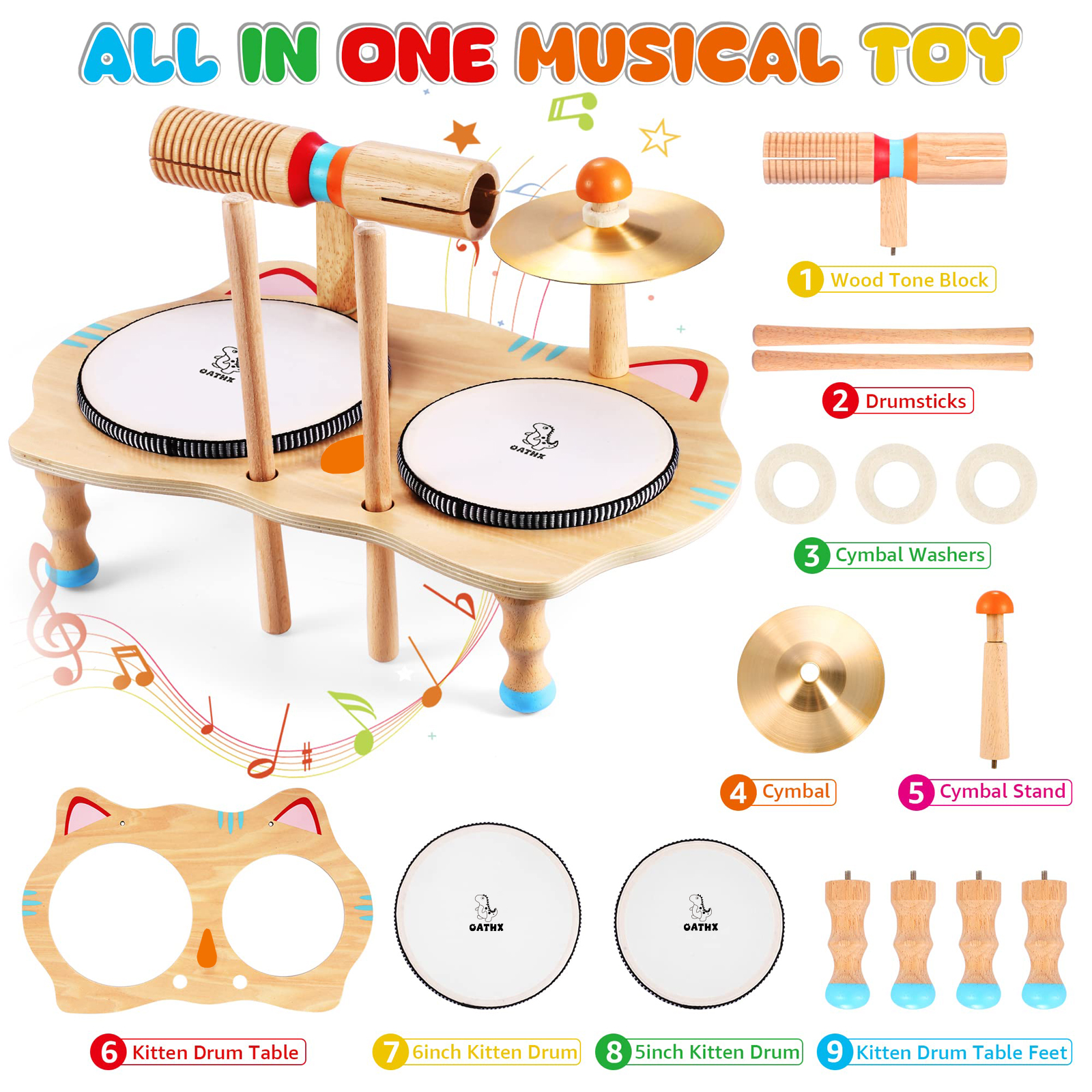 OATHX Montessori Wooden Drum Set for Toddlers photo 3