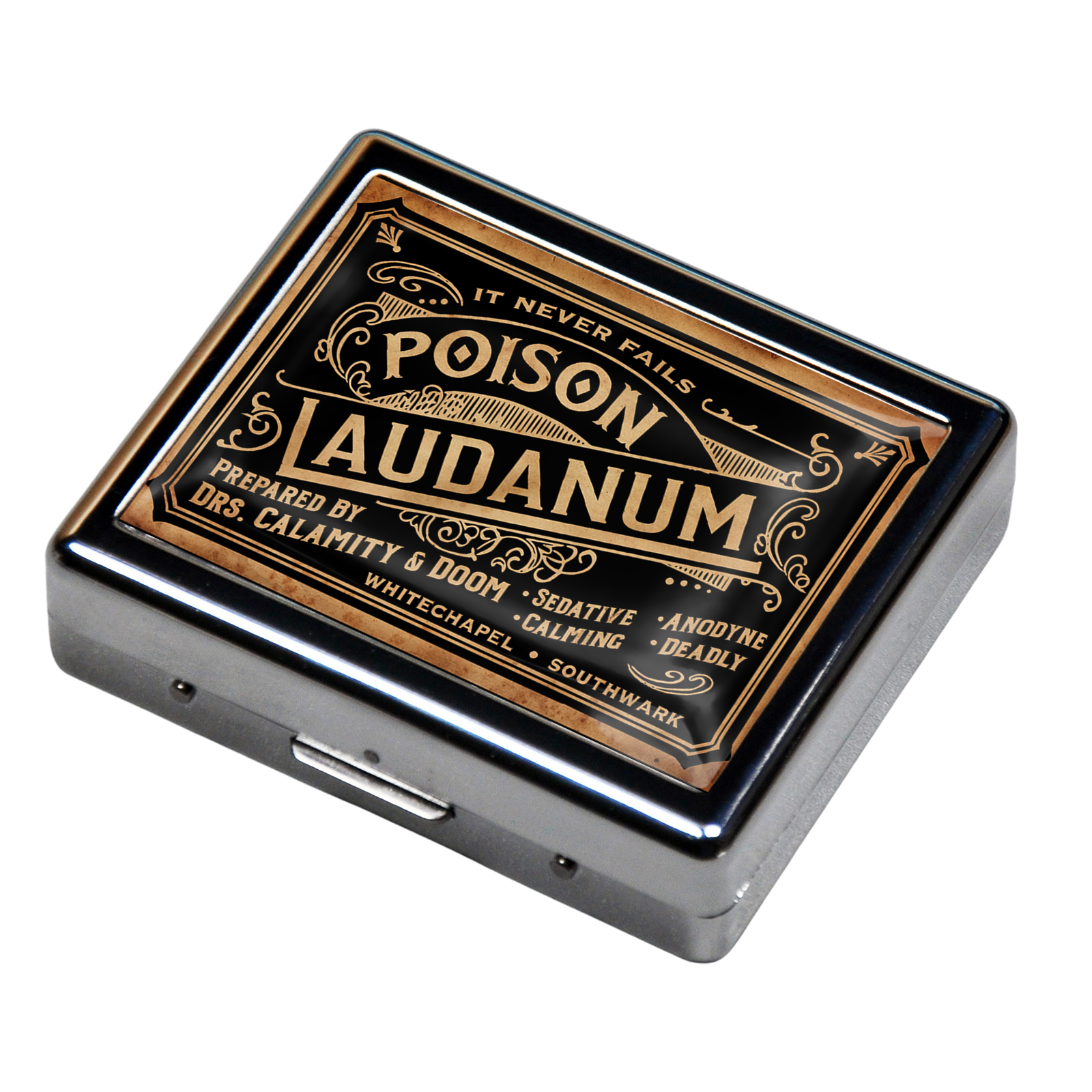 Laudanum 7 Days Chromed Shiny Silver Pill Organizer with Mirror Inside Has 8 Separate Compartments Rectangle Cute Travel Pill Organizer for Purse 7 Days Pill Box Pill Case