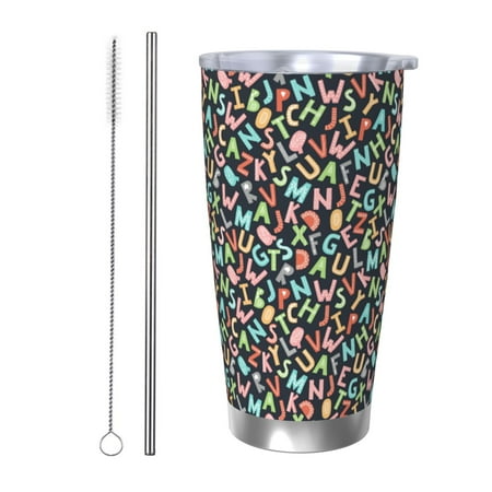 

Logiee Alphabet Print 20OZ Car Cup with Lid Stainless Steel Vacuum Insulated Double Wall Travel Tumbler Durable Insulated Coffee Mug Thermal Cup with Straw-Straw Two-piece Set