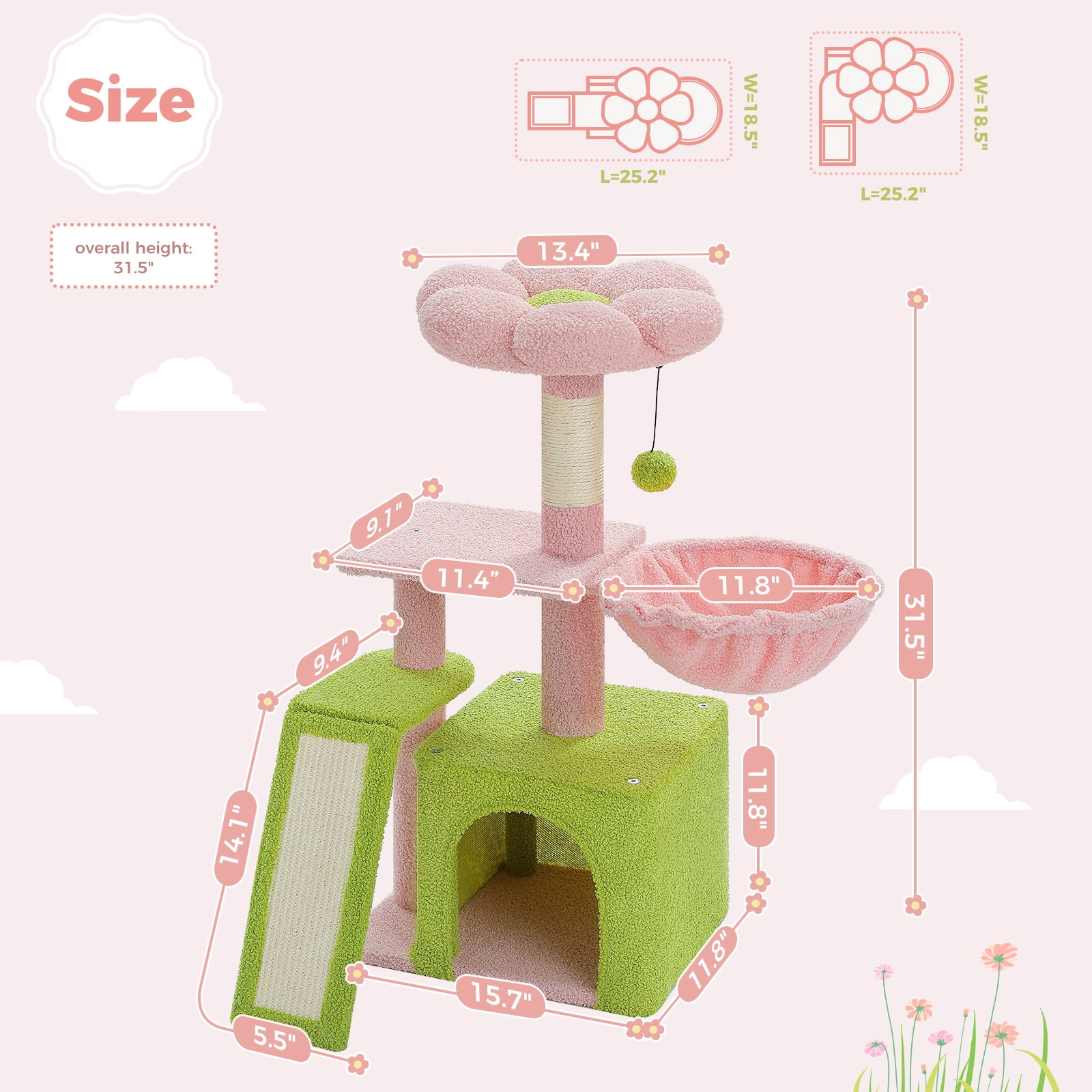 Pefilos 32" Cat Tree Tower, Cute Cat Condo with Sisal Scratching Ramp, Cozy Hammock and Removable Top Bed Perch for Indoor Kittens, Pink