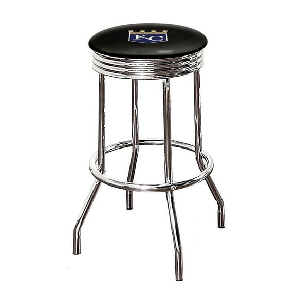 The Furniture King Bar Stool 24" or 29" Tall Backless Chrome Metal Stool Featuring Your Favorite Baseball Team Logo on a Colored Vinyl Swivel Seat Cushion - Royals on Black