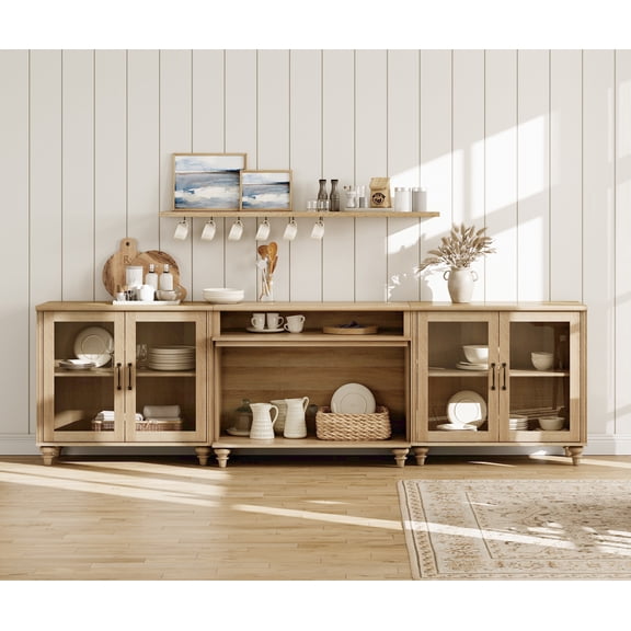 Farmhouse Sideboard with glass doors, Buffet Cabinet with Storage for Dining Room, for TVs up to 85", Oak