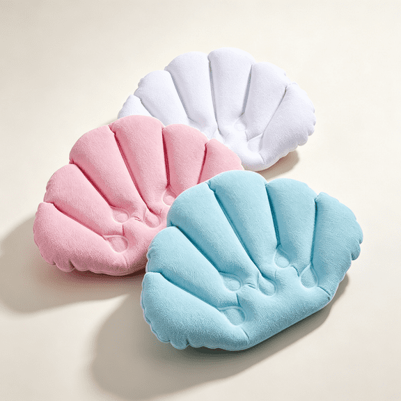 3 Pieces Inflatable Bath Pillow with Suction Cups, Terry Cloth Covered Shell Shape Bathtub Spa Pillow Comfortable Soft Cushion, Neck Support(Pink, Blue, White)
