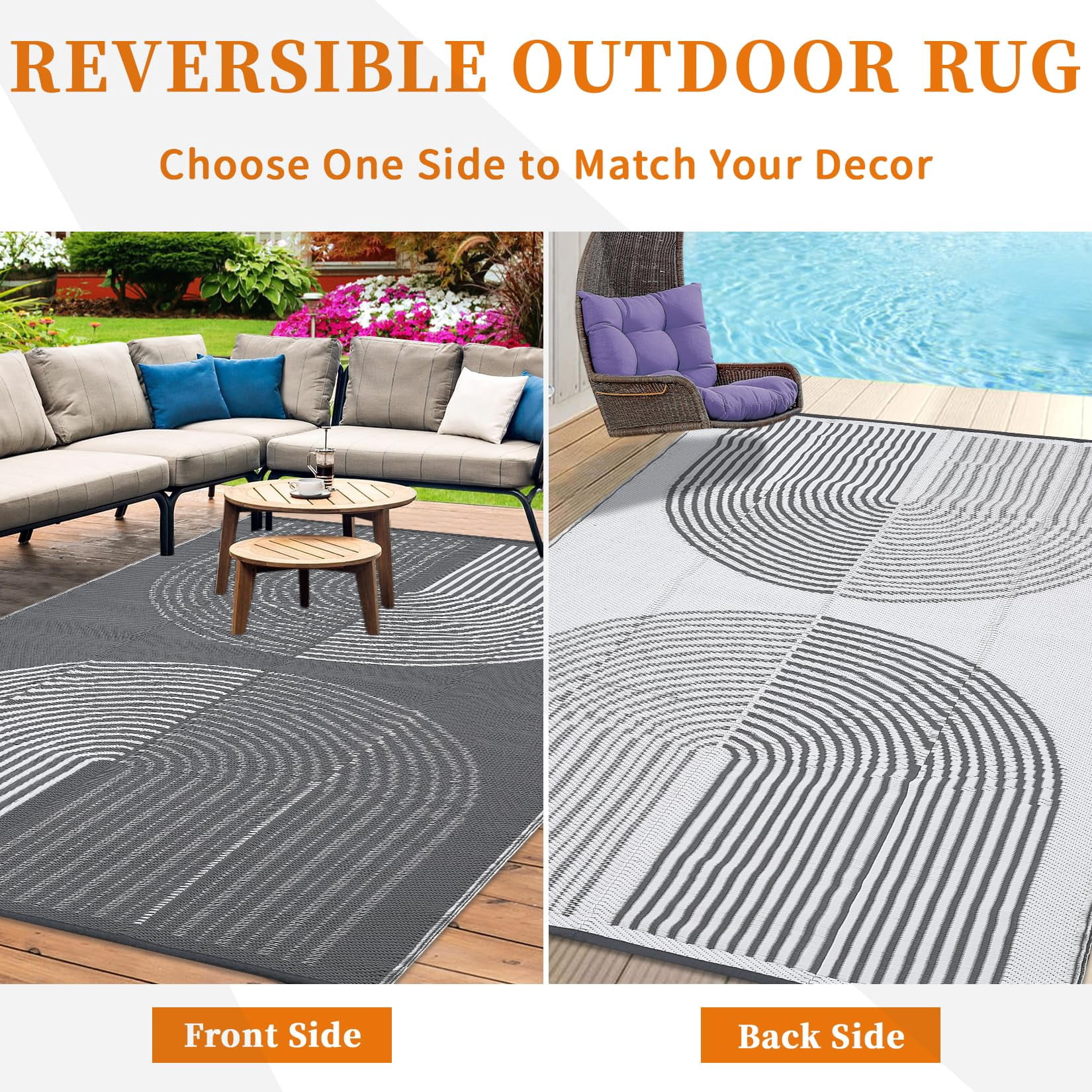 Kicctian Outdoor Rug 8x10 Ft Patio Waterproof, Outdoor Patio Rug Plastic Straw Outdoor Carpet, Large Modern Area Rug Carpet for Camping Poolside RV, Easy to Clean, Grey & White