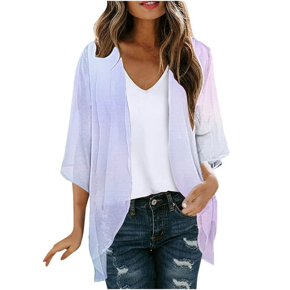Htigea Women Chiffon 3/4 Sleeve Cardigans Casual Loose Open Front Shawl Tops Lightweight Summer Kimono Cardigan Blue XL