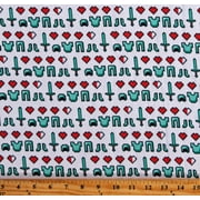 Cotton Minecraft Diamond Icons Swords Mining Health Bars Hearts Video Games White Cotton Fabric Print by the Yard (75986-A620715)