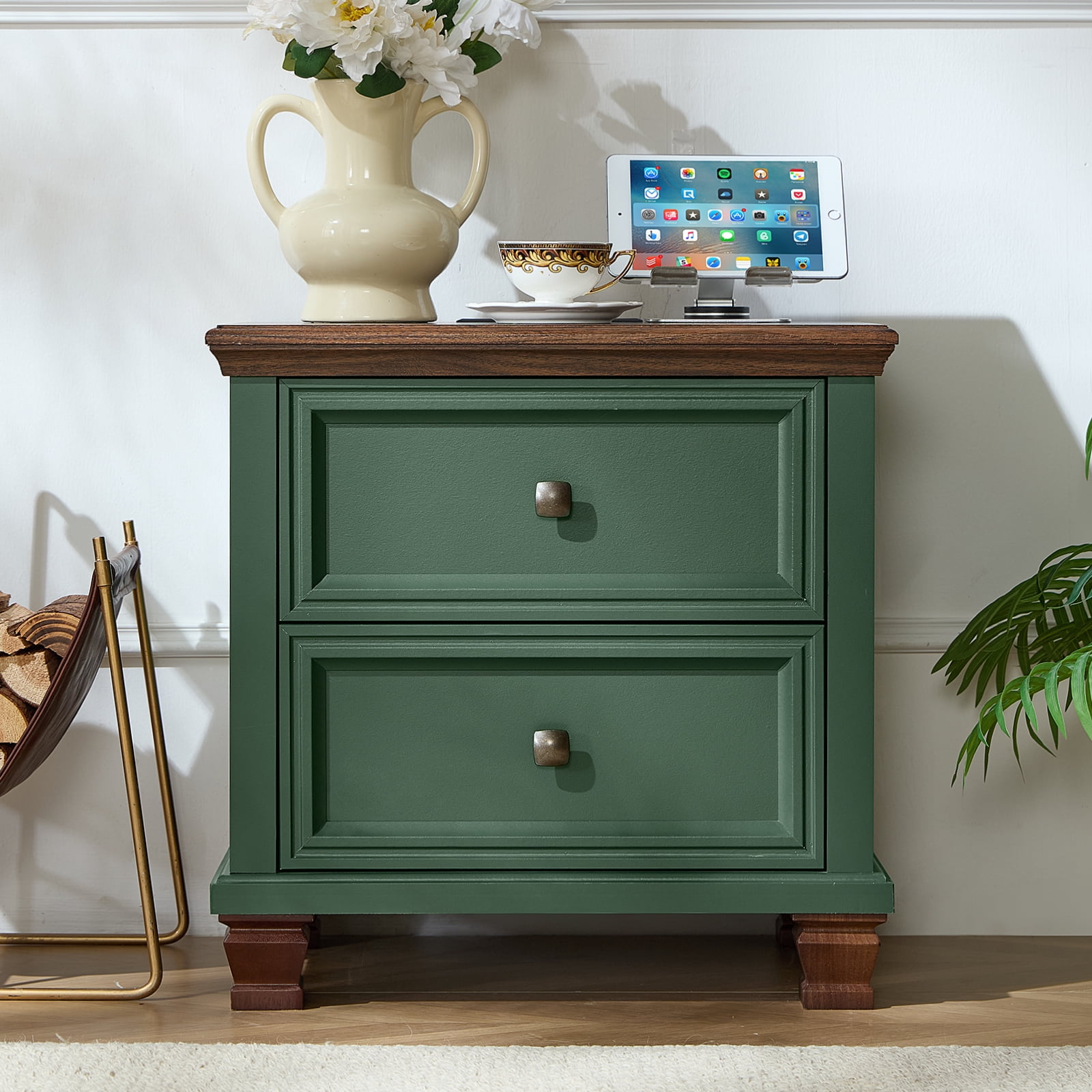Buildhom Farmhouse Nightstand with Charging Station, 2-Drawer Rustic End Table with Solid Wood Legs for Bedroom, Green