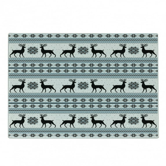 Nordic Cutting Board, Chevron Zigzags Winter Floral Arrangement Norwegian Reindeer Snow Pattern, Decorative Tempered Glass Cutting and Serving Board, Small Size, Black White Sky Blue, by Ambesonne