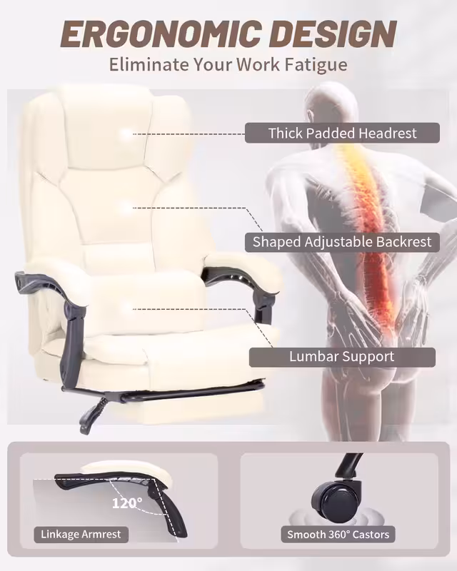 Qusaphy 600lbs Big and Tall PU Leather Executive Office Chair, Reclining Backrest up to 155°, Spring Cushion Seat, Lumbar Support & Adjustable Armrests for Home Office or Conference Room