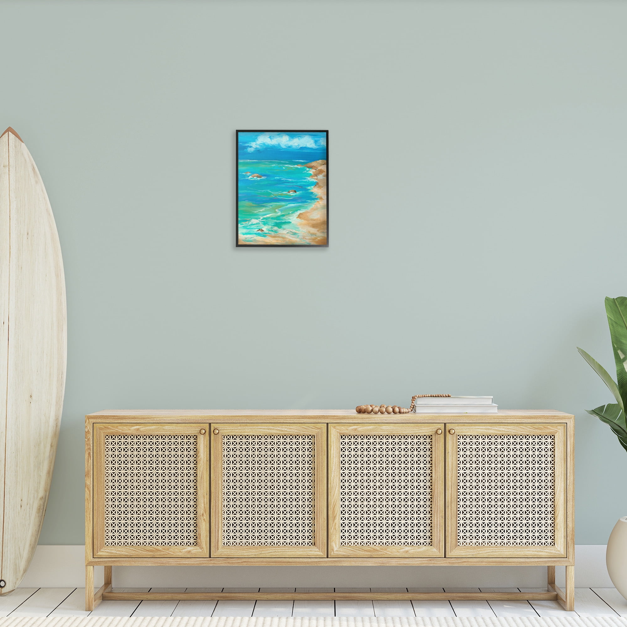 Stupell Industries Vivid Rocky Beach Cove Landscape Painting Black Framed Art Print Wall Art, 16 x 20