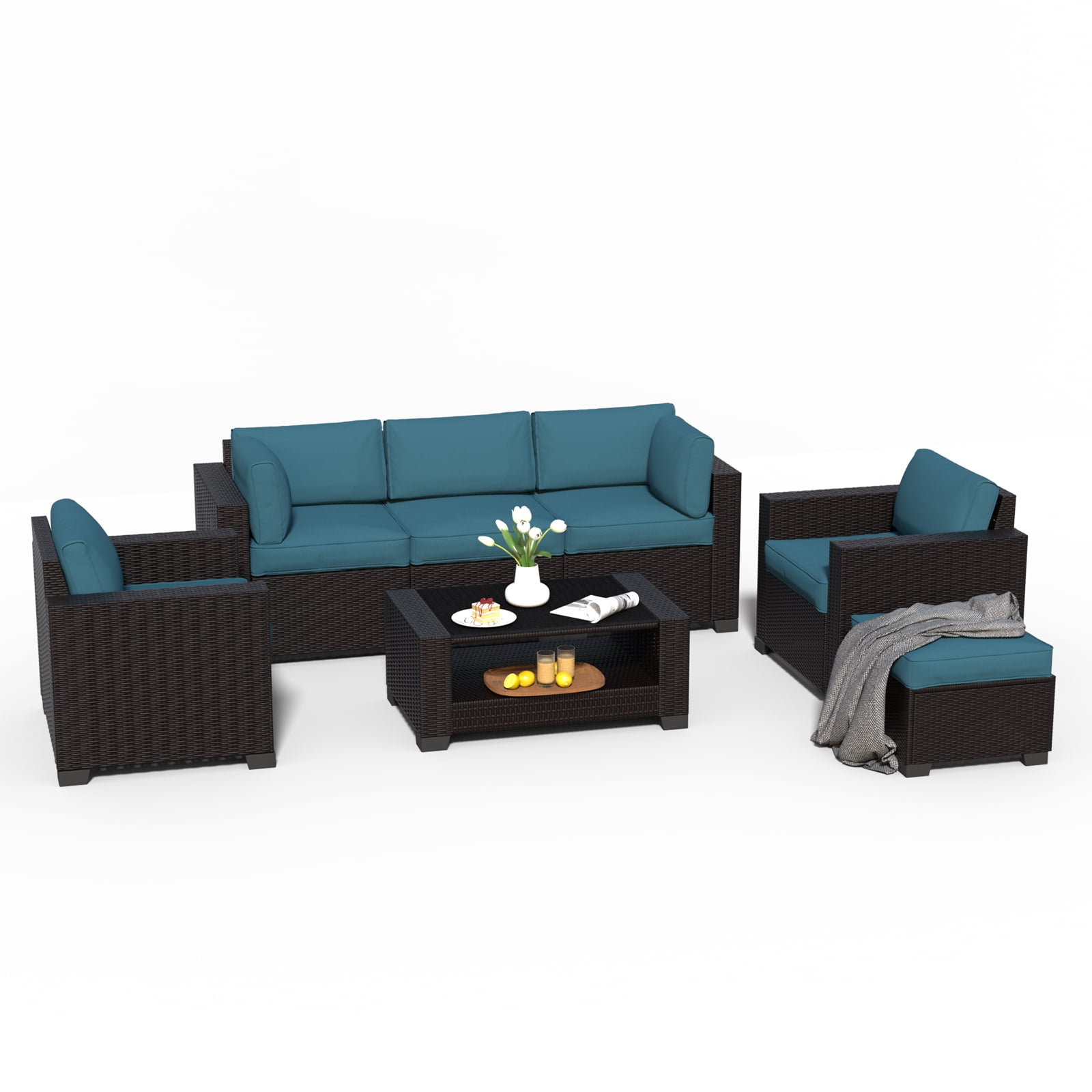 SHGJ&SOFT 7 Piece Patio Furniture Set, Wicker Outdoor Sectional Sofa with Washable Cushion Covers and Tempered Glass Table, Rattan Conversation Set for Poolside, Lawn, Balcony
