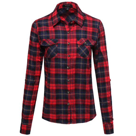 FashionOutfit Women's Flannel Plaid Checker Roll Up Sleeves Button Down Shirt