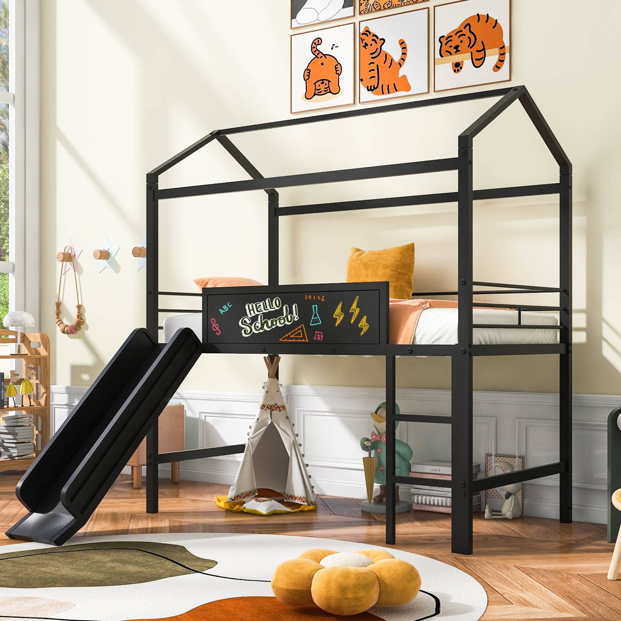 Twin Size House Loft Bed with Slide and Twosided Writable Wooden Board