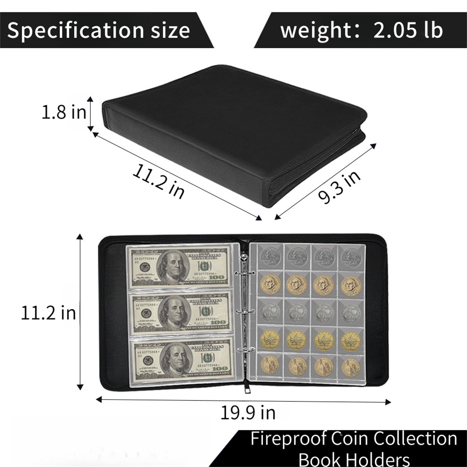 Coin Collection Book Holder,Fireproof Coin Album for Collectors, Waterproof Coin Holders with 360 Pockets Coins Collecting & 36 Sleeves Paper Money Storage Case for Currency,Bill Pennies,Stamp