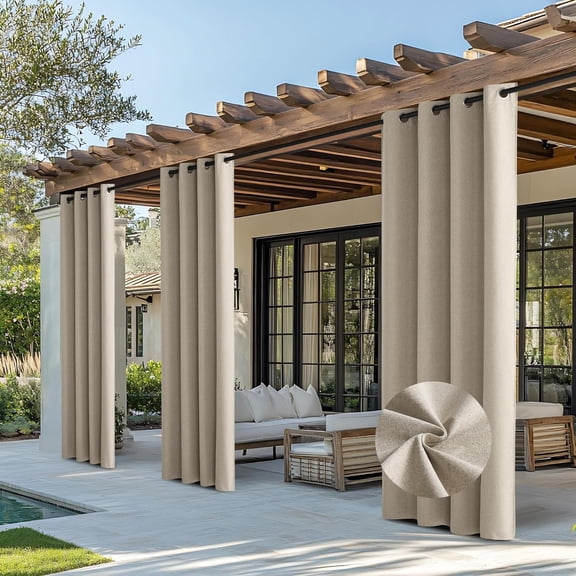 100% Blackout Outdoor Curtains for Patio Waterproof 2 Panels, Linen Textured Thermal Insulated Indoor/Outside Drapes for Gazebo, Privacy Sun Shades for Porch, Garden, W52 x L84 Inch, Natural