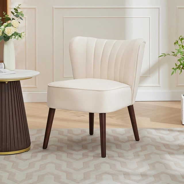 Mid-century moderno velvet accent chair para sala de estar: wood legs, 300lb capacity, wingback design, comfortable reading chair para dormitorio o oficina (beige)