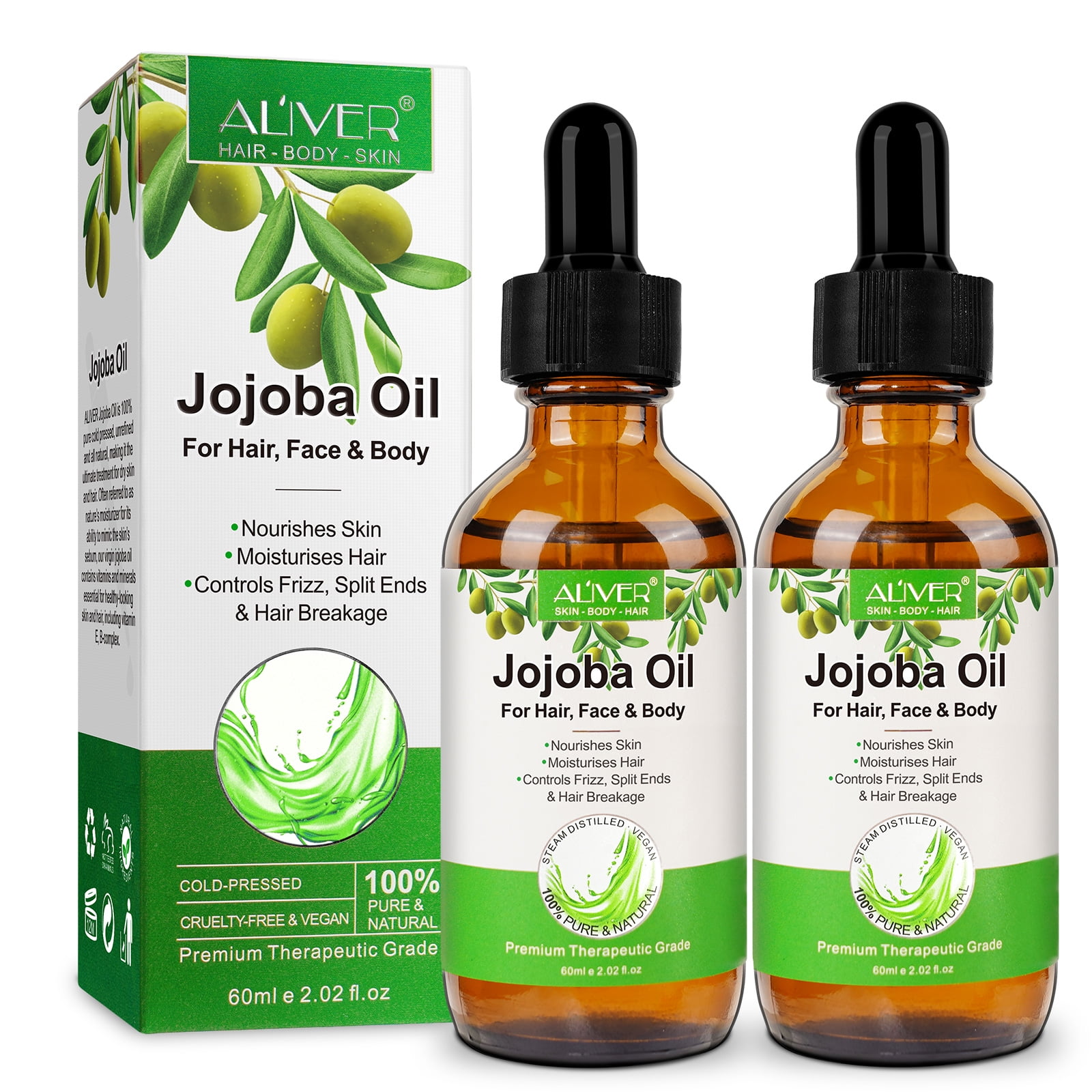 Aliver Jojoba oil, jojoba oil for hair 60ml,100% Organic Pure Natural Jojoba Oil, Fit for Skin/Face/Nails/Hair/Beard,4.04fl.oz
