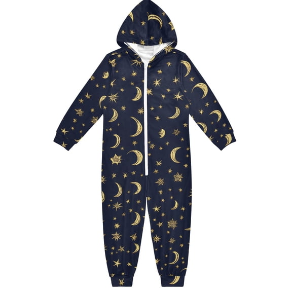 Gold Moons and Stars One Piece Pajamas Soft Jumpsuit Cozy Sleep and Play Romper Zipper and Pockets 4T