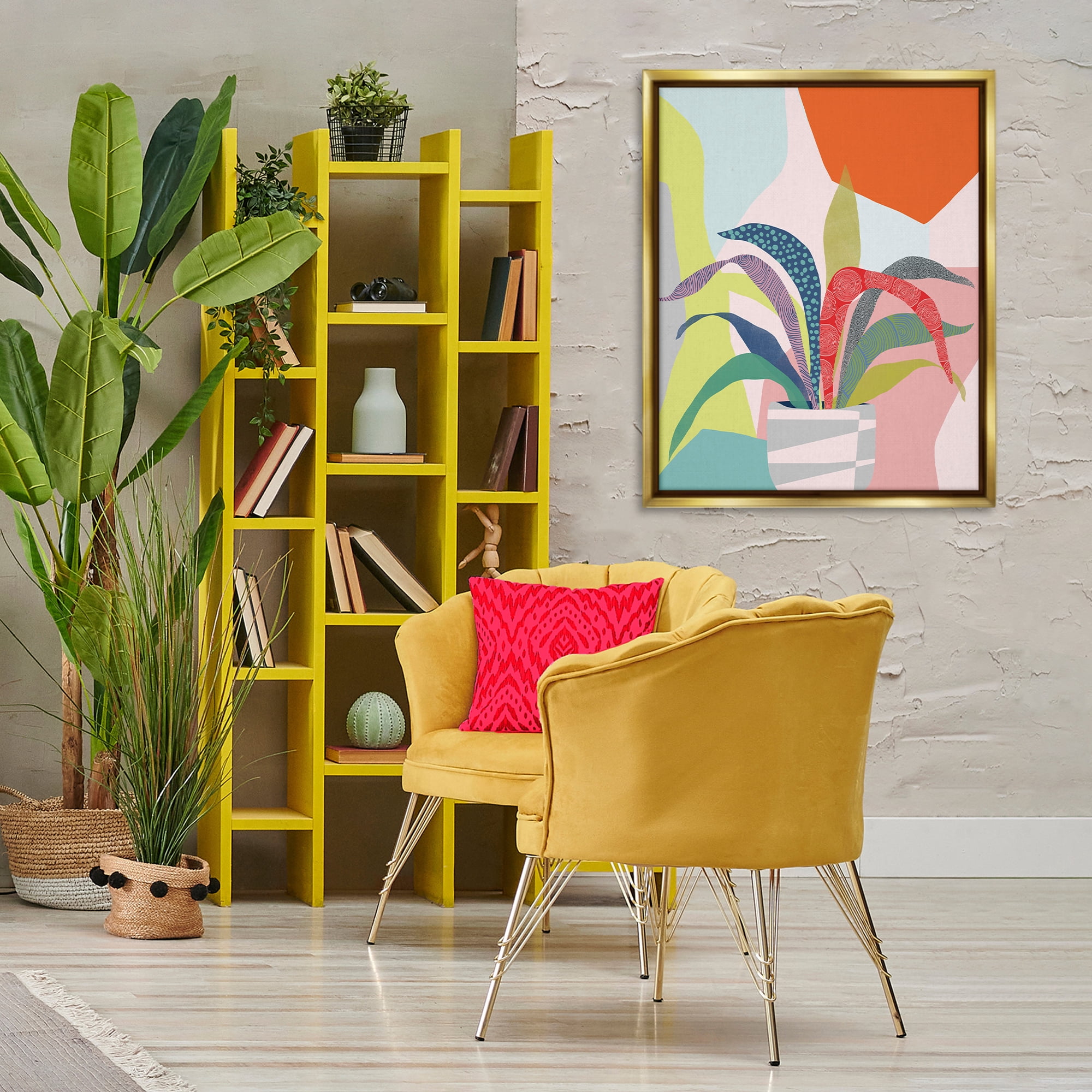 Stupell Industries Modern Geometric Plant Leaves Plants & Flowers Painting Gold Floater Framed Canvas Art Print Wall Art, 25 x 31