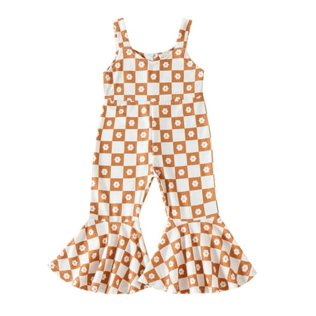 

Kids Toddler Girls Summer Casual Sling Jumpsuit Sleeveless Floral Plaid Print Suspender Flared Pants Orange Plaid 2-3 Years