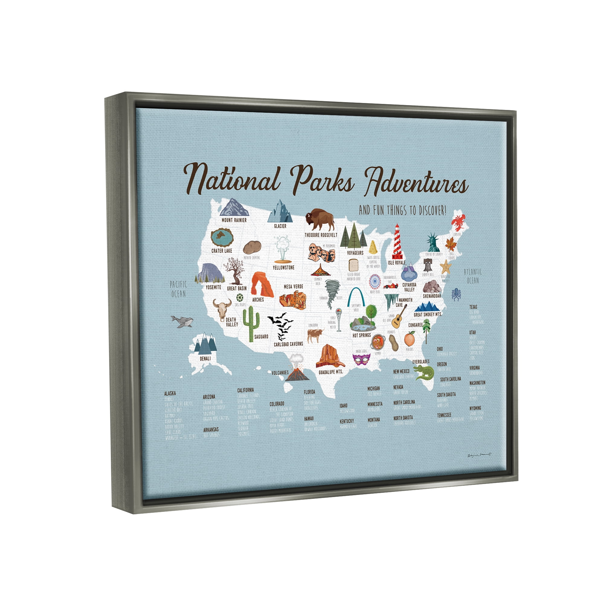 Stupell National Parks Adventures USA Map Animals & Insects Painting Gray Floater Framed Art Print Wall Art