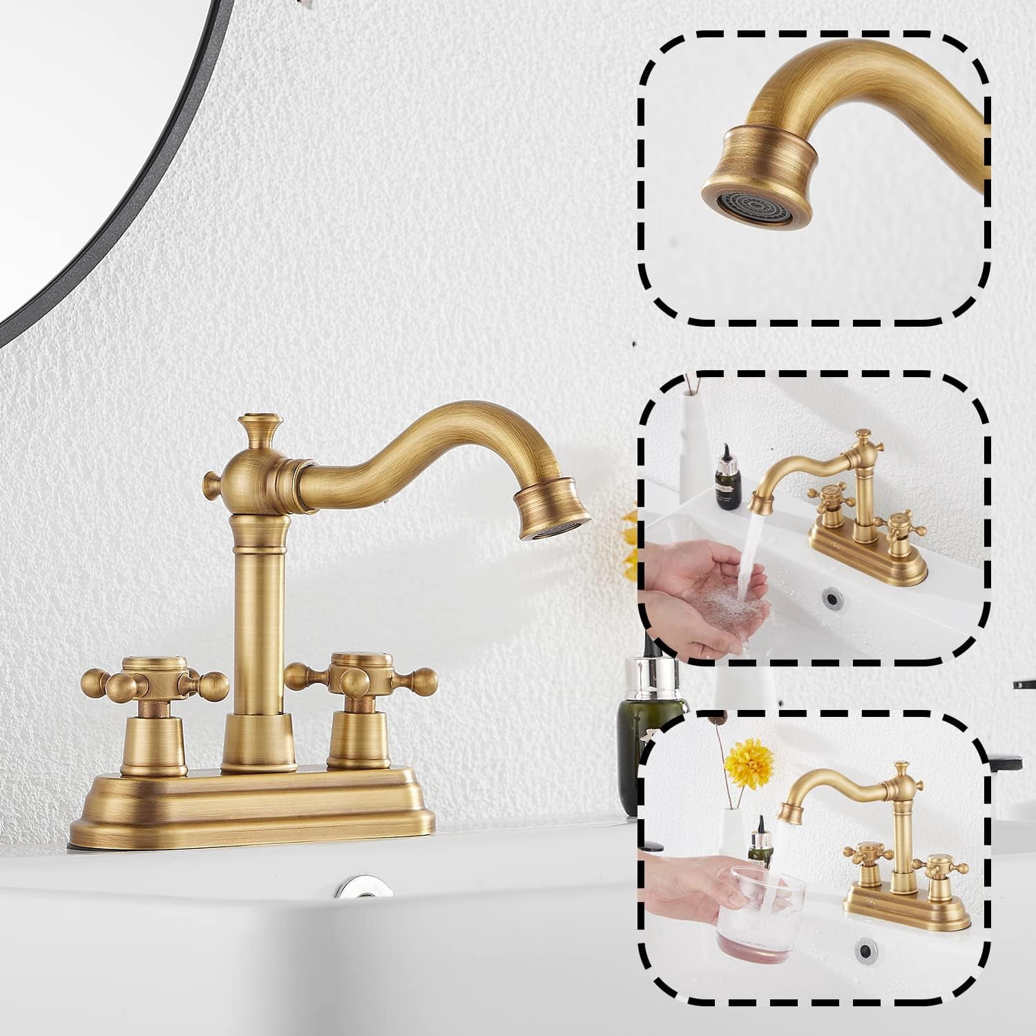 Antique Brass Bathroom Faucet - 2 Handles, 4 Inches Centerset, RV Vanity With Drain Assembly and Supply Hose - Lavatory Mixer Double Handle Tap